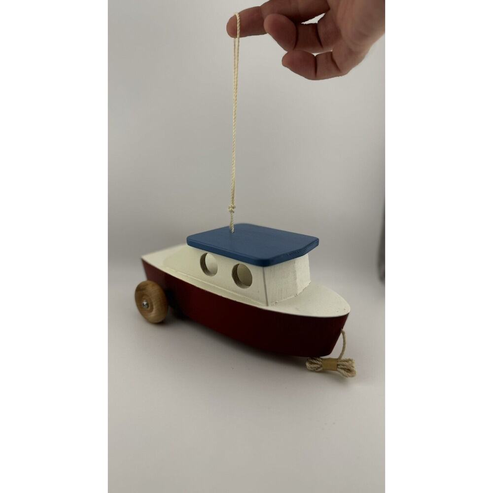Vintage Hand-Painted Wooden Tugboat Ornament, Nautical Decor